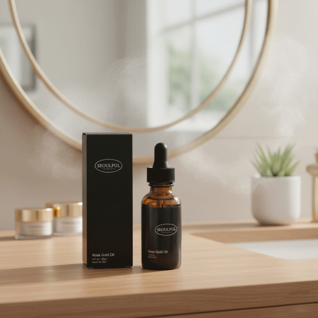 Skincare product with packaging on a wooden surface in a bathroom setting