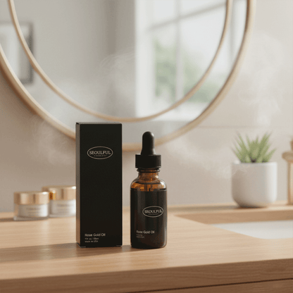 Skincare product with packaging on a wooden surface in a bathroom setting